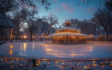 a gazebo with lights on it in a snowy park