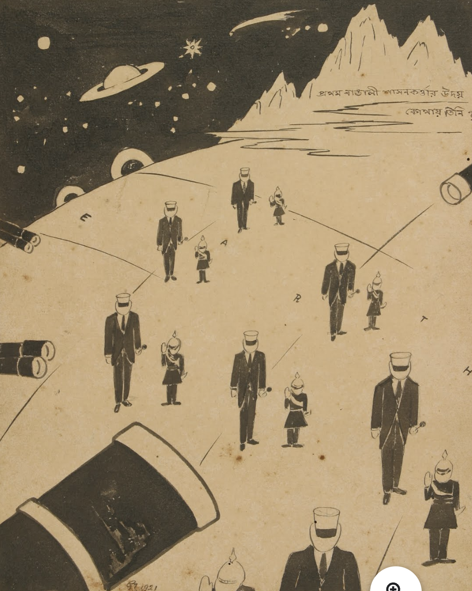 a black and white drawing of people walking on a planet