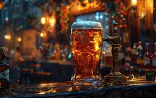 a glass of beer on a bar