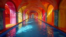 a long rectangular pool with colorful walls