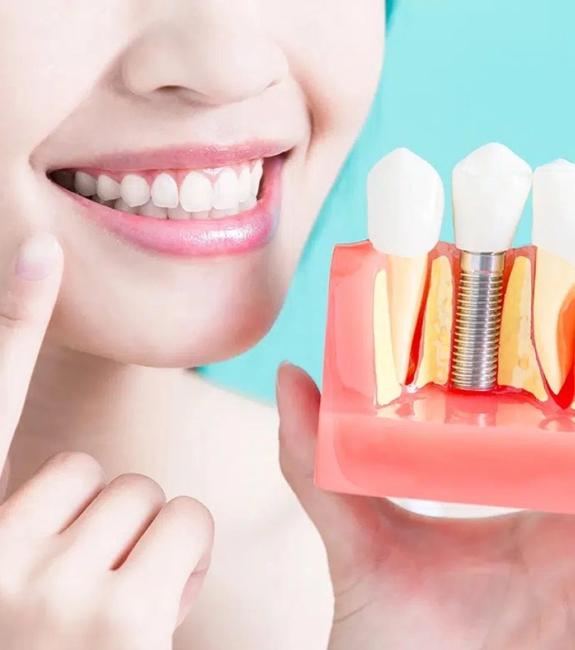 a woman holding a model of teeth