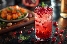 a glass of pomegranate juice with ice and mint