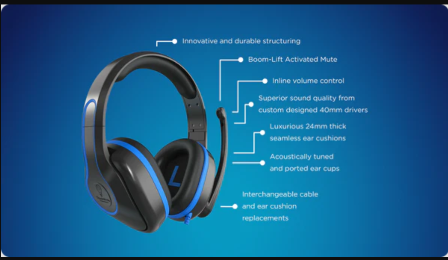 a black and blue headphones with text