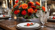 a table with plates and flowers