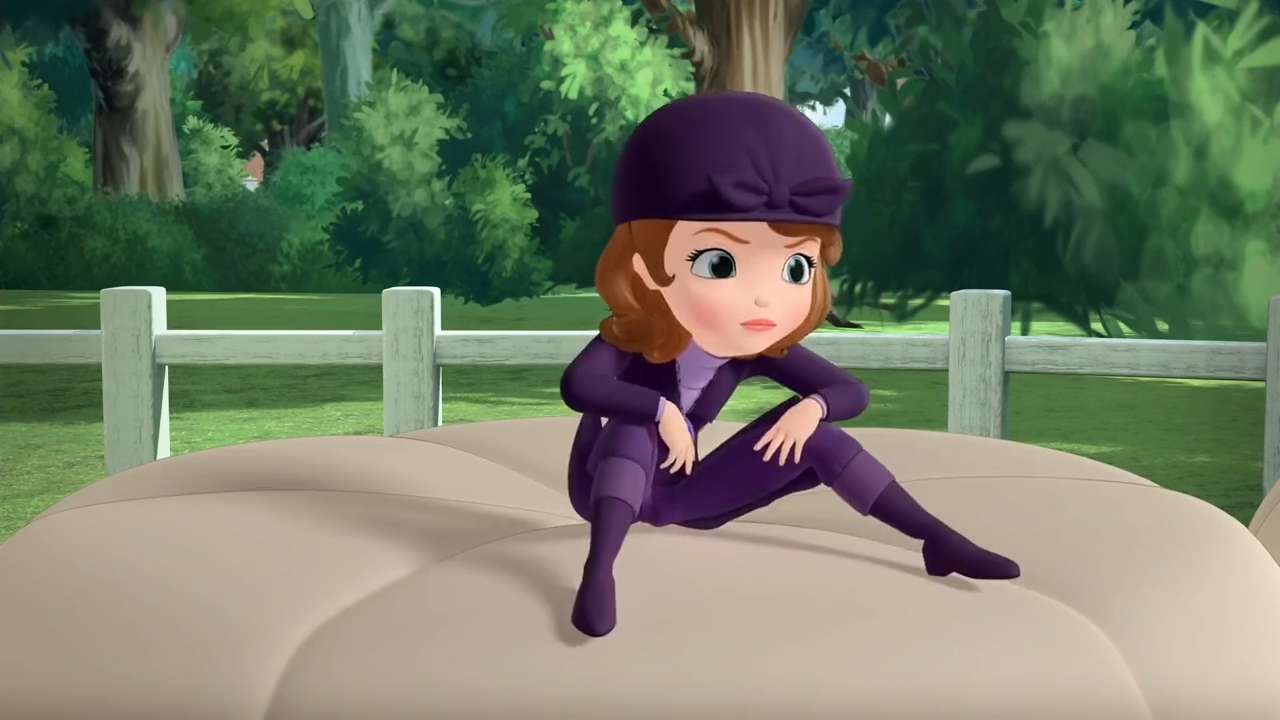 a cartoon of a girl in purple sitting on a round surface