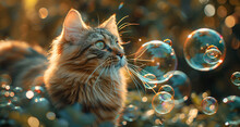 a cat looking at bubbles