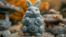 a grey rabbit statue on a rock