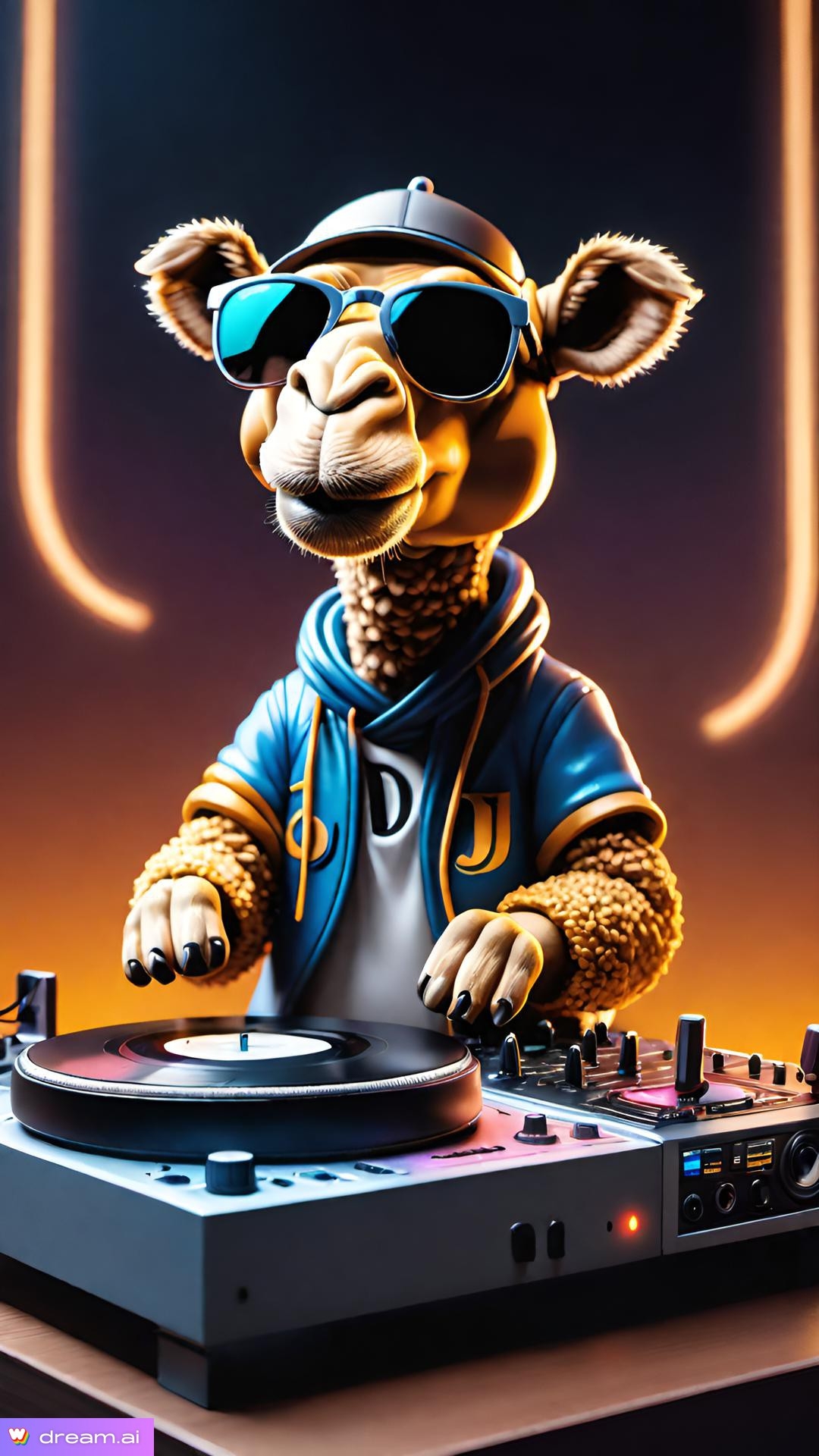 a cartoon camel wearing sunglasses and a hoodie and a dj turntable