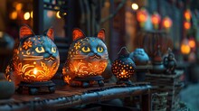a group of cat shaped objects with lights