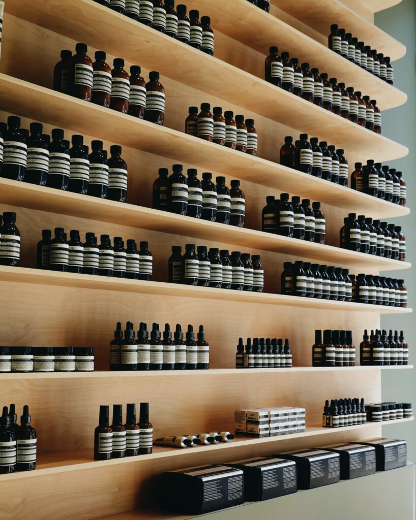 shelves of shelves with bottles of essential oils