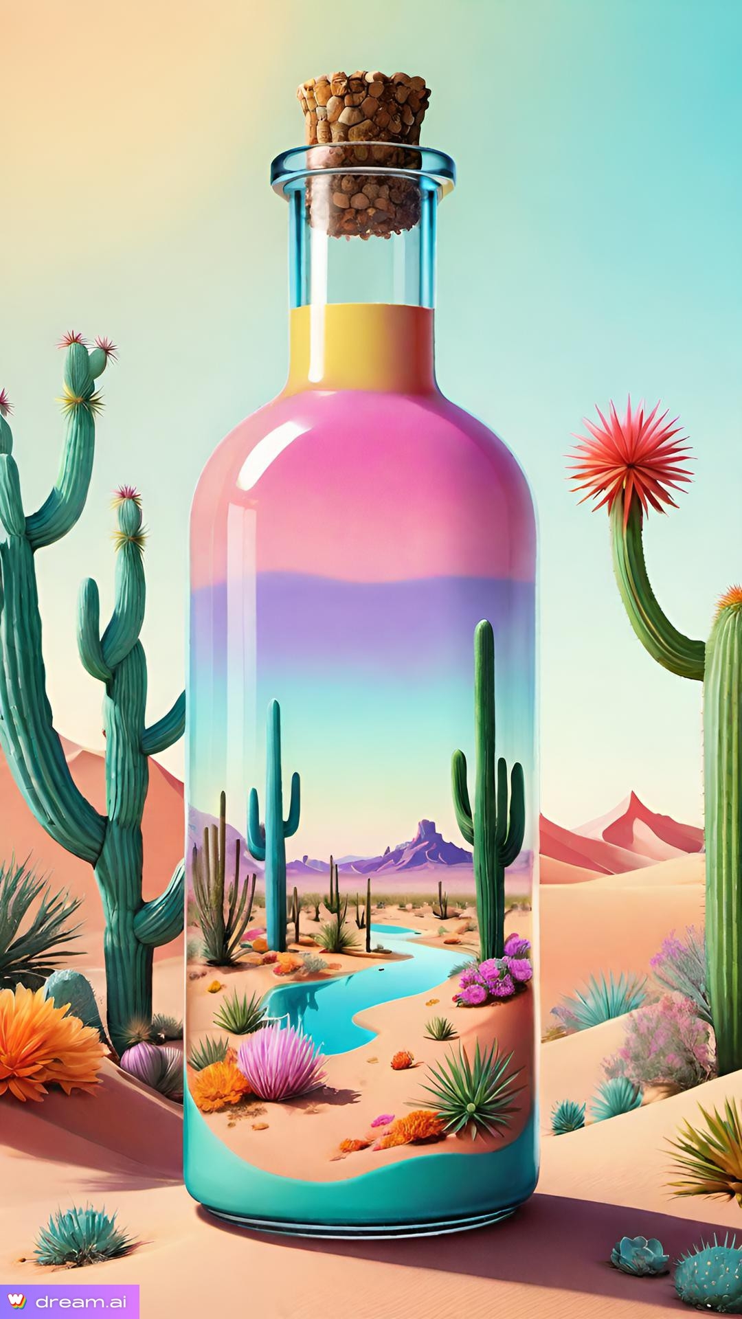 a bottle with a desert landscape and cactuses