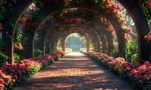 a walkway with flowers and a path