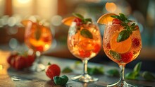 a group of glasses with oranges and mint