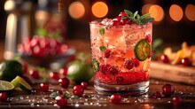 a glass of red drink with a jalapeno and berries