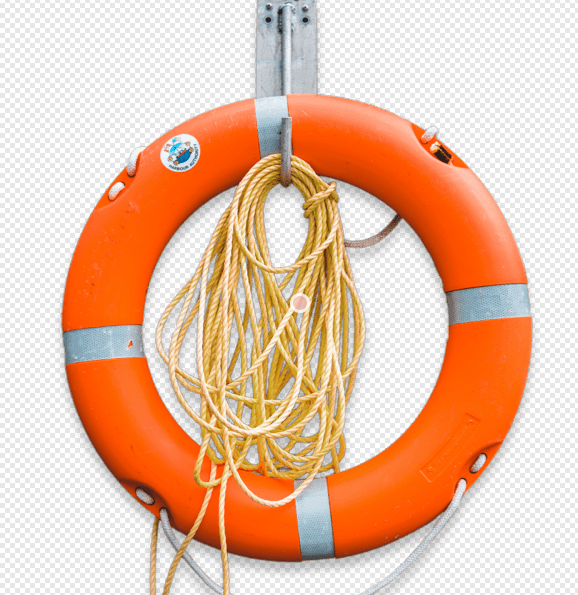a orange life preserver with a rope on a wall
