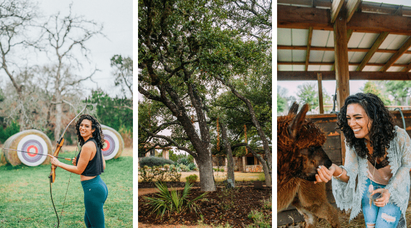 a collage of a woman and a llama