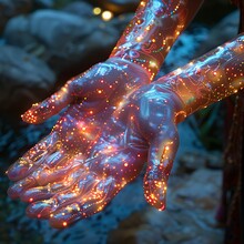 a person's hands with glowing hands