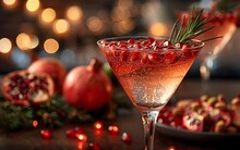 a glass of drink with a sprig of rosemary and pomegranates