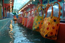 a row of bags in a flooded area