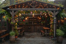 a wooden structure with benches and lights