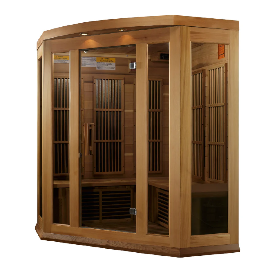 a wooden sauna with glass doors