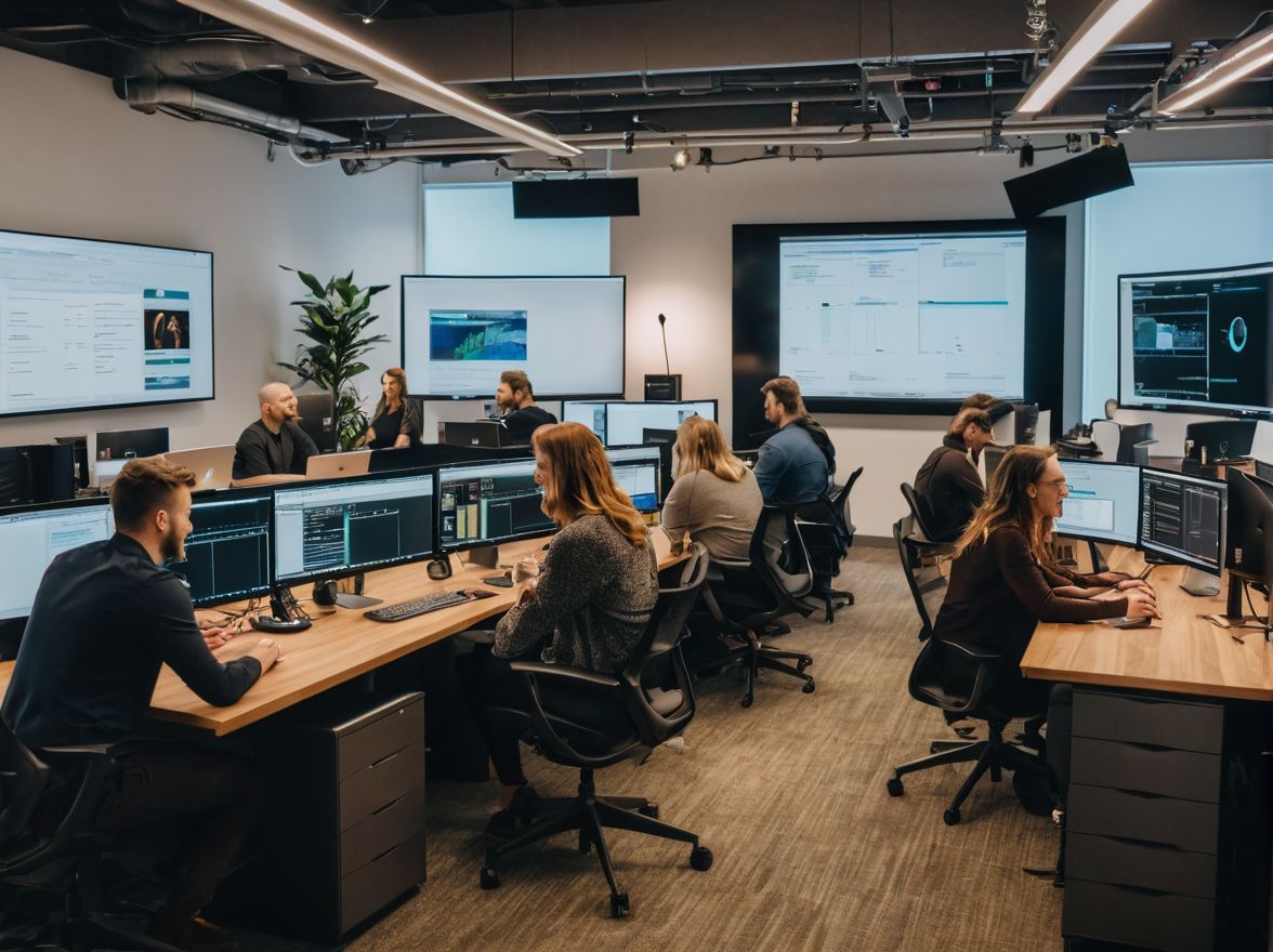 a group of people in a room with computers