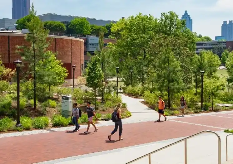 a group of people walking on a brick path