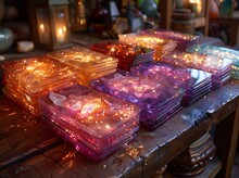 a group of colorful boxes with lights