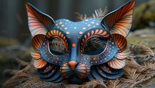 a blue and orange cat mask