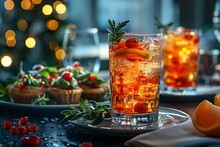 a glass of drink on a tray