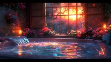 a hot tub with flowers and a window