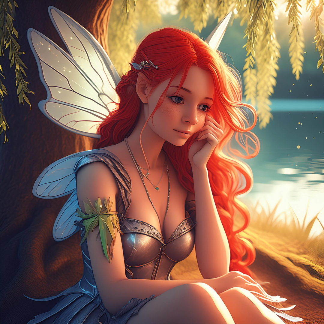 a cartoon of a fairy sitting under a tree