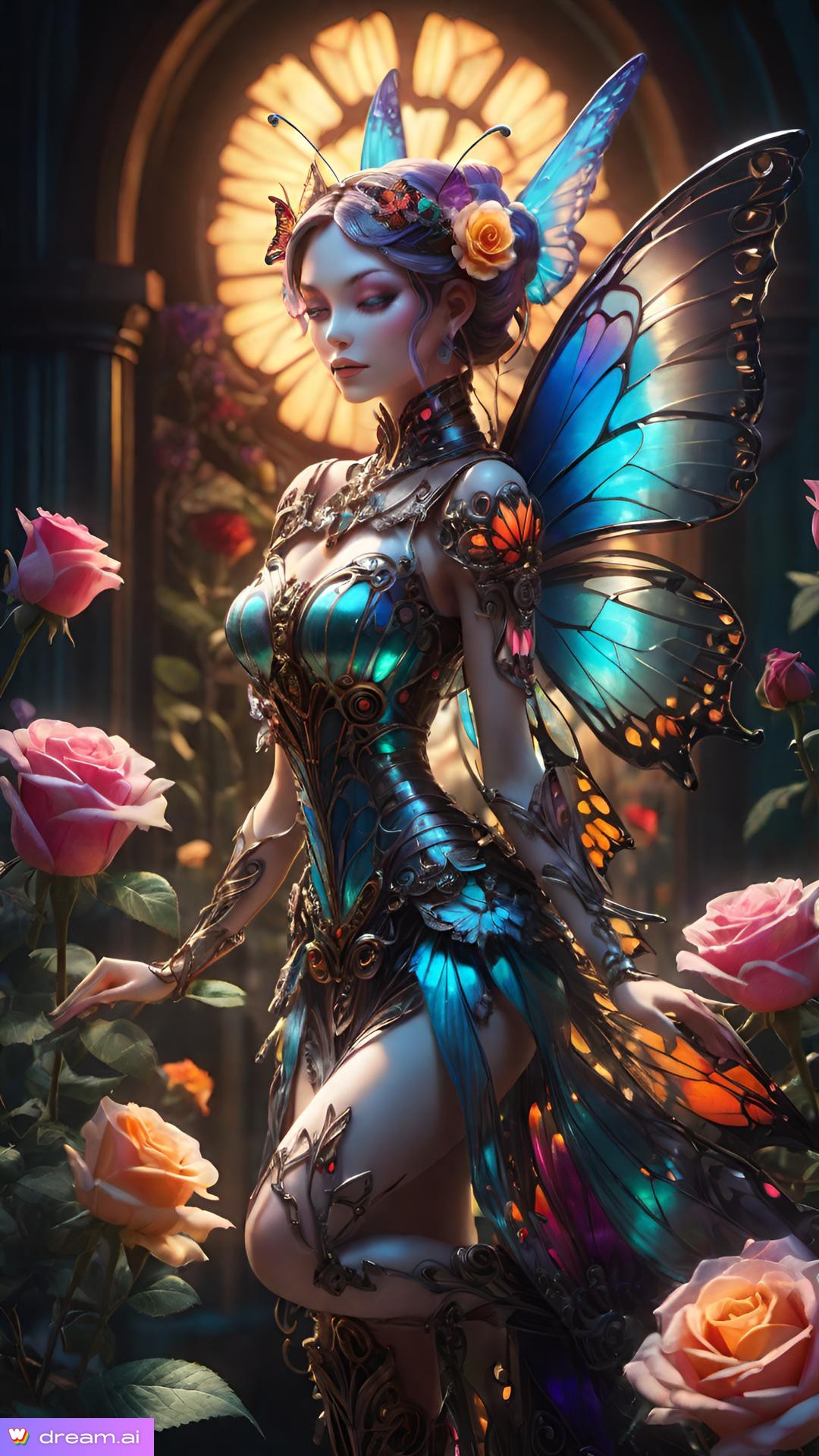 a woman in a garment with wings and flowers