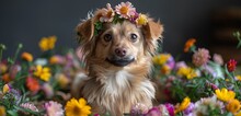 a dog wearing a flower crown