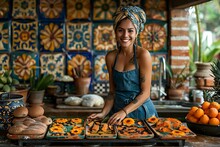 a woman in a blue apron