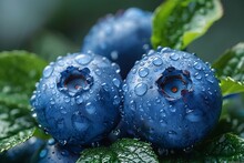 a group of blueberries with water droplets on them