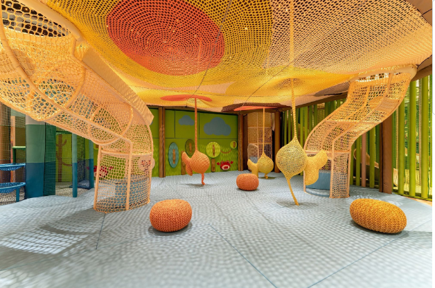 a room with a net ceiling and objects