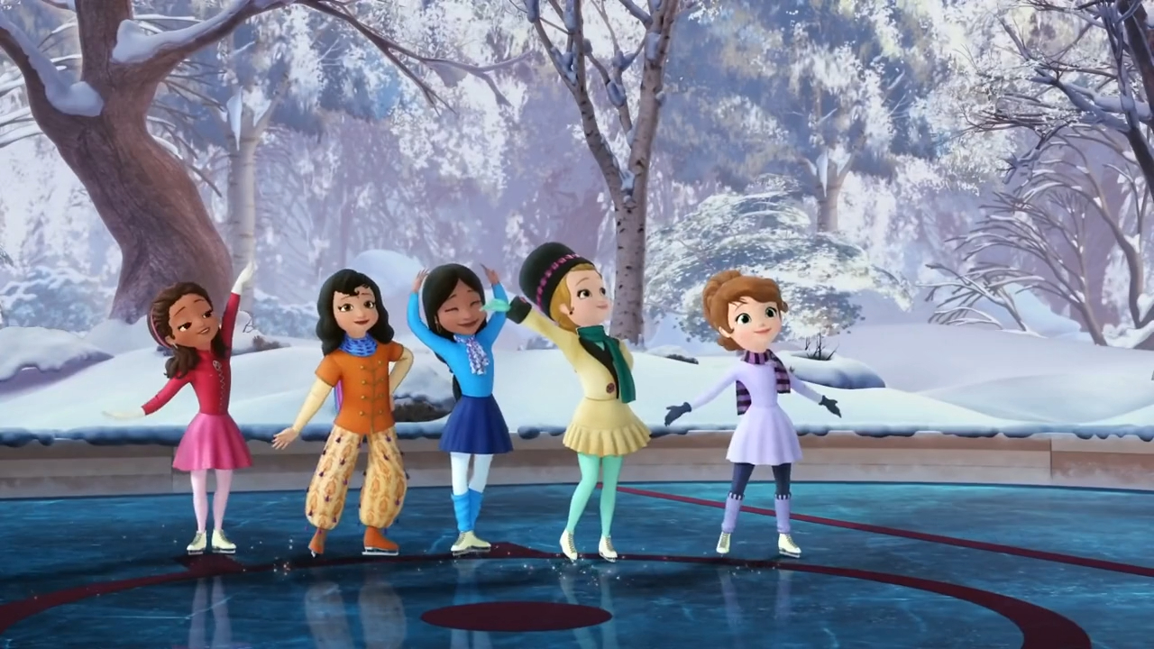 a group of cartoon girls ice skating