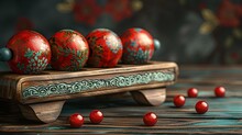 a group of red balls on a wooden stand