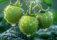 a group of green berries with water droplets on them