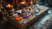 a stone with different colored stones on it