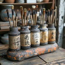 a group of paint brushes in a row