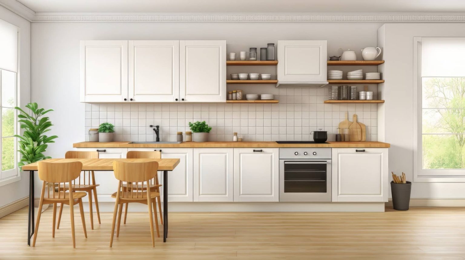 a kitchen with white cabinets and wooden furniture