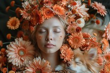 a woman with flowers on her head and a dog sleeping