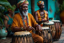 a man playing drums with other men