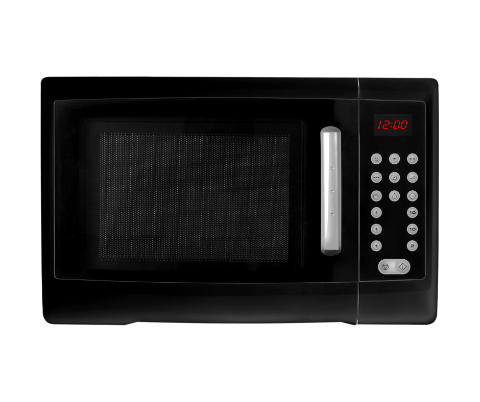 a black microwave with a digital display
