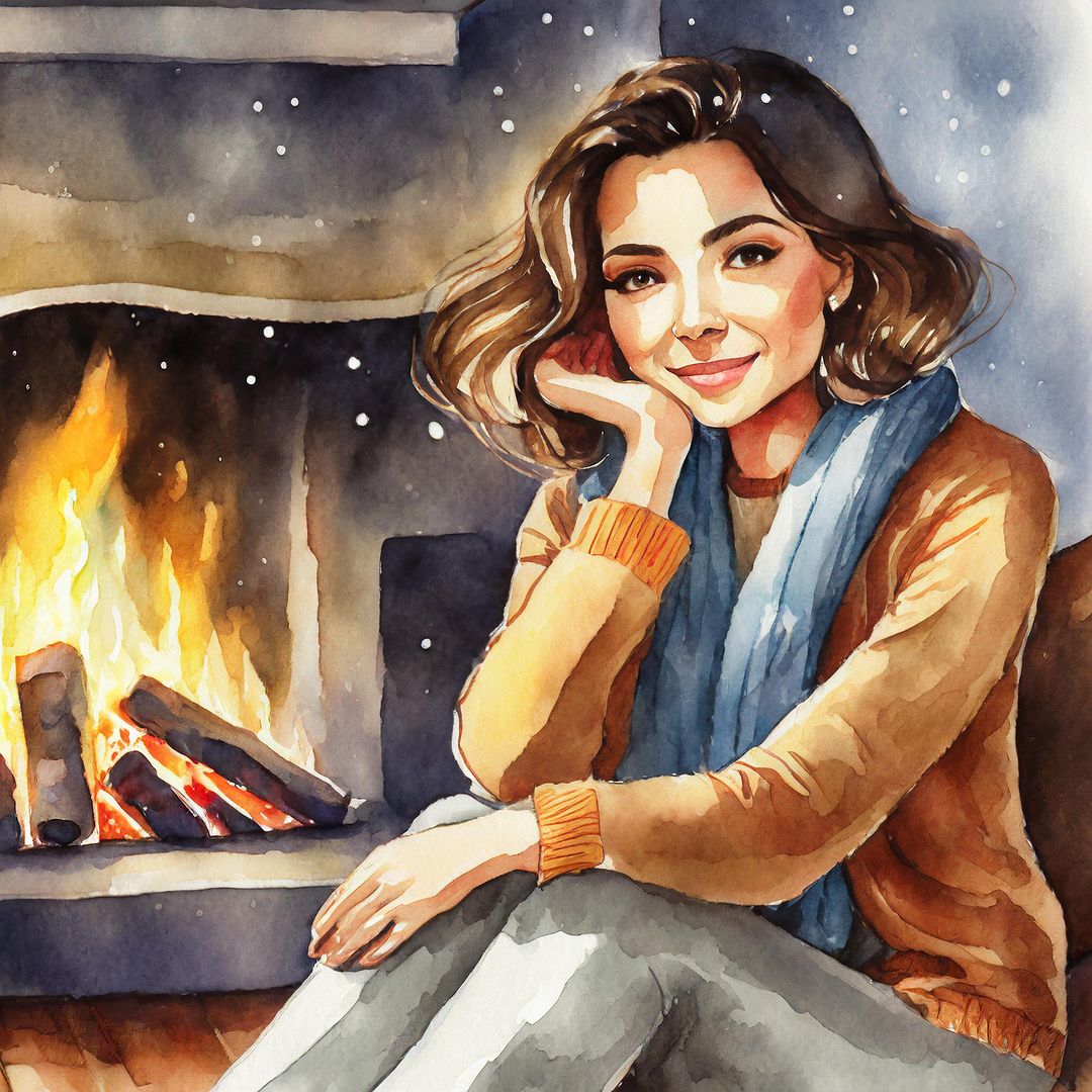 a woman sitting in front of a fireplace