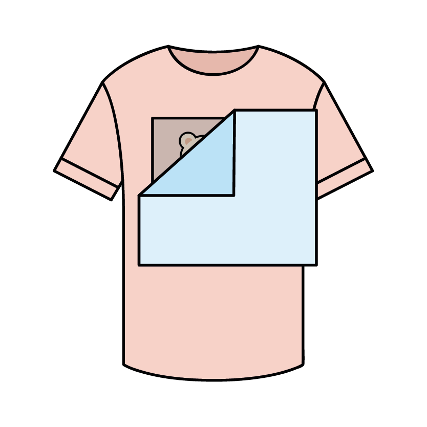 a pink shirt with a blue square