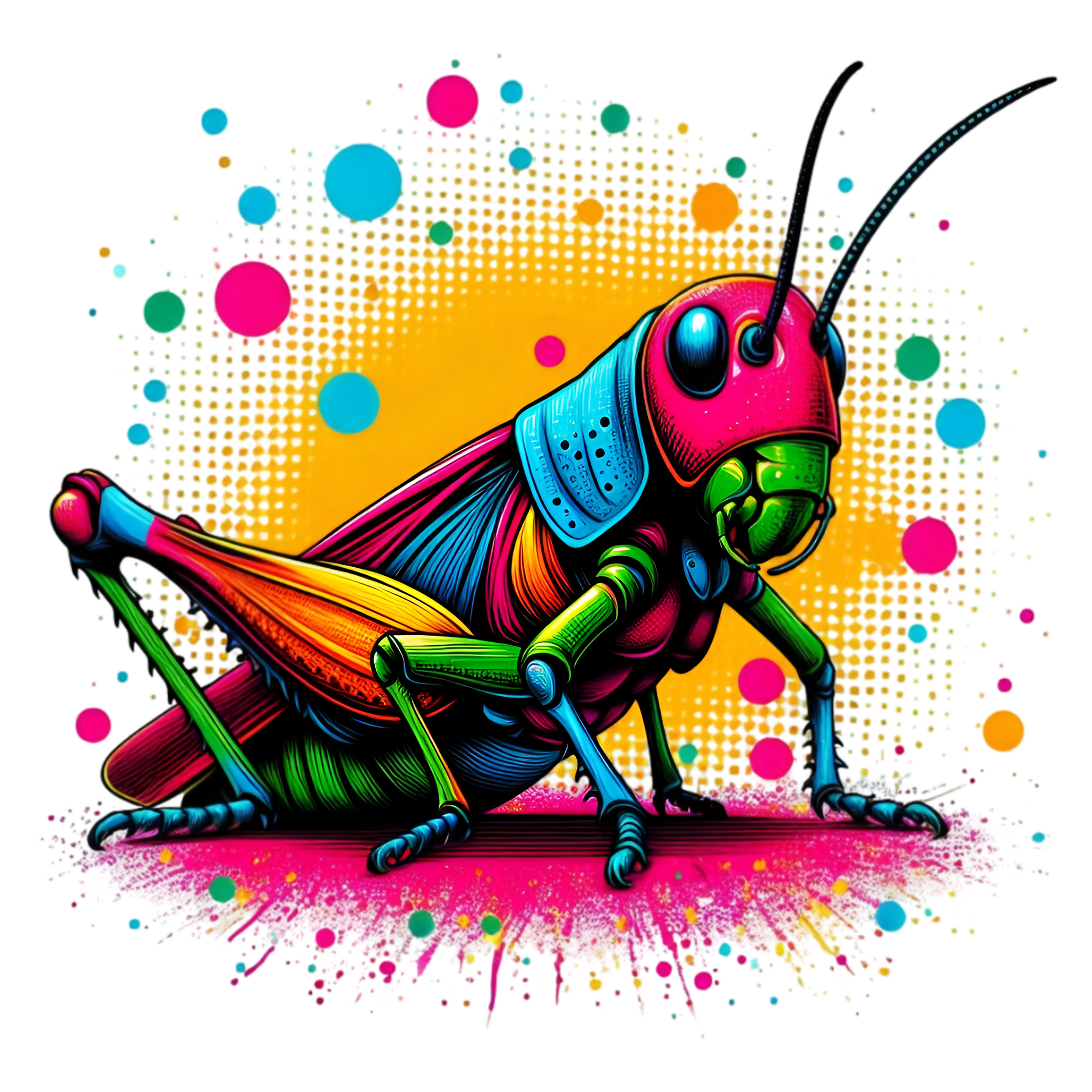 a colorful grasshopper on a black background