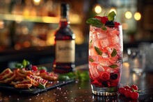 a glass of fruit drink on a table